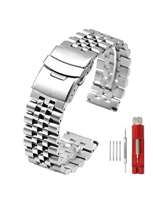 Super Brushed & Polished 3D Solid Stainless Steel Watch Bracelet Band 20mm 22mm Security Double Deployment Buckle