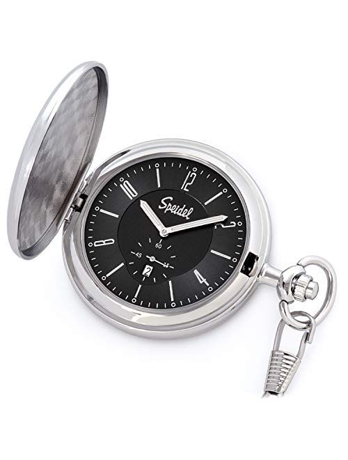 Speidel Classic Brushed Satin Engravable Pocket Watch with 14" Chain Date Window, Seconds Sub-Dial and Luminous Hands