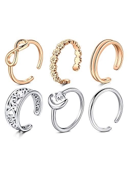 MODRSA Toe Rings for Women Silver Rose Gold Adjustable Simple Open Band Joint Knuckle Tail Ring Hypoallergenic Diamond Flower Foot Fingers Jewelry for Summer Sandals