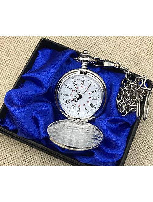 Personalized Stainless Steel Silver Pocket Watch Custom Engraved Free with Gift Box - Ships from USA