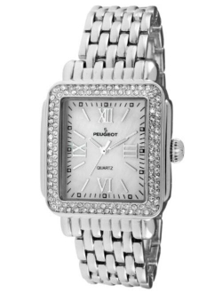 Peugeot Women Rectangle Dress Watch with Crystal Decorated Bezel, Roman Numerals and Bracelet