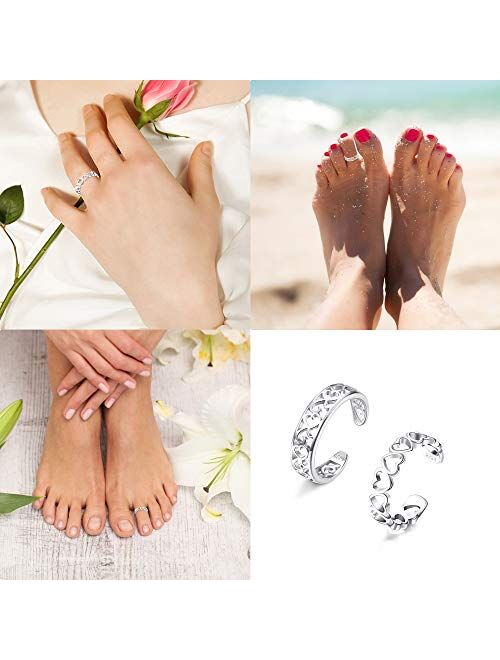 SLLAISS 925 Sterling Silver Toe Rings For Women Hypoallergenic Adjustable Open Toe Rings Celtic Tail Ring Flower Knot Heart Finger Rings Set Foot Jewelry