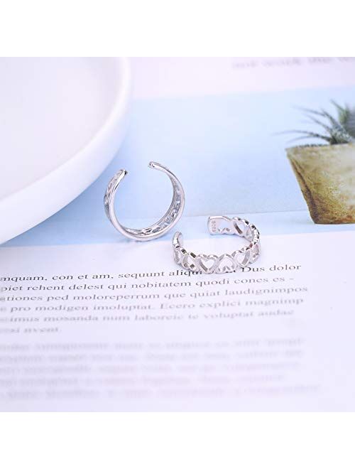 SLLAISS 925 Sterling Silver Toe Rings For Women Hypoallergenic Adjustable Open Toe Rings Celtic Tail Ring Flower Knot Heart Finger Rings Set Foot Jewelry