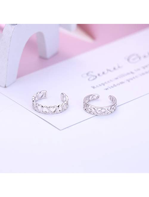 SLLAISS 925 Sterling Silver Toe Rings For Women Hypoallergenic Adjustable Open Toe Rings Celtic Tail Ring Flower Knot Heart Finger Rings Set Foot Jewelry