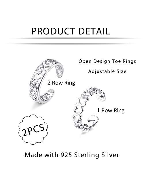 SLLAISS 925 Sterling Silver Toe Rings For Women Hypoallergenic Adjustable Open Toe Rings Celtic Tail Ring Flower Knot Heart Finger Rings Set Foot Jewelry