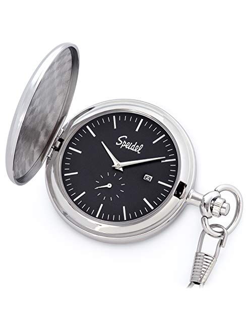 Speidel Classic Brushed Engravable Pocket Watch with 14" Chain, Date Window, Seconds Sub-Dial and Luminous Hands