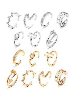 Hanpabum 14pcs Open Toe Rings Flower Hollow CZ Band Vintage Toe Ring Set Adjustable Women Summer Beach Jewelry