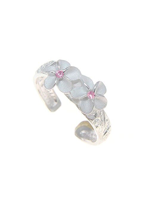 Arthur's Jewelry 925 Sterling Silver Hawaiian 2 Plumeria Flower Scroll Pink cz Toe Ring