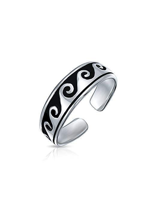 Personalized Engravable Mid Finger Nautical Ocean Waves Midi Toe Ring For Women or Pinky Ring For Teen Oxidized .925 Silver Sterling Adjustable