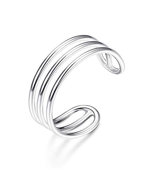 Sllaiss 925 Sterling Silver Horizontal Double Triple Lines Open Rings Minimalist Simple Band for Women Adjustable Open Toe Ring Knuckle Rings Size 5-9