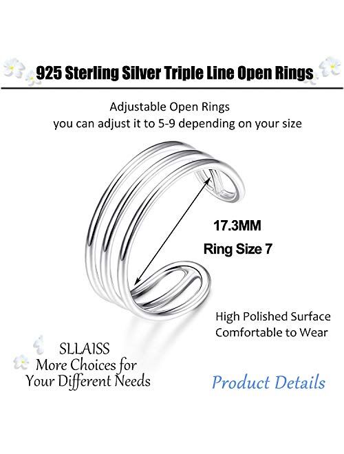 Sllaiss 925 Sterling Silver Horizontal Double Triple Lines Open Rings Minimalist Simple Band for Women Adjustable Open Toe Ring Knuckle Rings Size 5-9