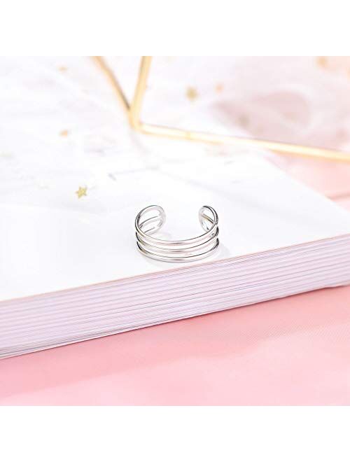 Sllaiss 925 Sterling Silver Horizontal Double Triple Lines Open Rings Minimalist Simple Band for Women Adjustable Open Toe Ring Knuckle Rings Size 5-9