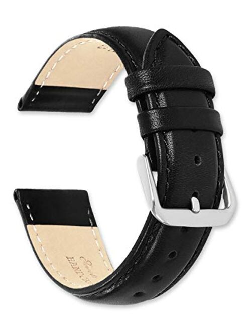 deBeer Smooth Leather Replacement Watch Band (Silver or Gold Buckle) - Black 15mm Watch Strap