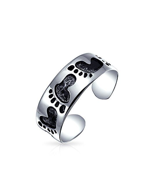 Personalized Engravable Mid Finger Beach Sand Foot Prints Midi Toe Ring For Women or Pinky Ring For Teen Oxidized .925 Silver Sterling Adjustable