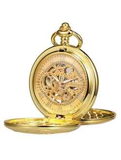 Pocket Watch Skeleton Hand-Wind Mechanical Double Case Roman Numerals Antique with Fob Chain Box