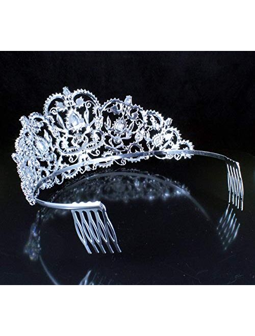 Victorian Clear White Austrian Rhinestone Crystal Tiara Crown With Hair Combs Princess Queen Headband Headpiece Jewelry Beauty Contest Birthday Bridal Prom Pageant Silver