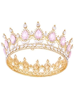 Crowns for Women, Vofler Queen Tiara Baroque Vintage Gold Headband Pink Crystal Rhinestone Gemstone Hair Decor for Lady Girl Bridal Bride Princess Prom Birthday Wedding P