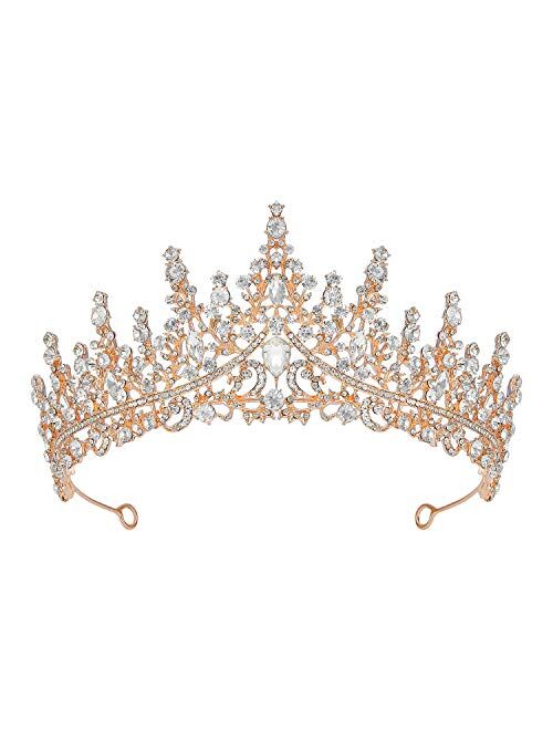 SWEETV Crystal Wedding Tiara for Women, Royal Queen Crown Headband, Rhinestone Princess Hair Accessories for Prom Birthday,Rose Gold