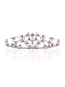 Rose Flower Rhinestone Crystal Wedding Tiara Crown - Pink Roses Gold Plating