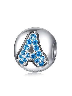 FOREVER QUEEN Alphabet Charm Initial A-Z Letter Charm Bead in 925 Sterling Silver with 5A Blue CZ fit Pandora European Bracelet Necklace for Birthday Women Girls Boy Men 
