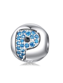 FOREVER QUEEN Alphabet Charm Initial A-Z Letter Charm Bead in 925 Sterling Silver with 5A Blue CZ fit Pandora European Bracelet Necklace for Birthday Women Girls Boy Men 