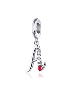 FOREVER QUEEN Initial A-Z Letter Charm 925 Sterling Silver Dangle Beads Charm Red Zircon Alphabet Pendants for Snake Chain Bracelets Necklace Mother Gift Jewelry