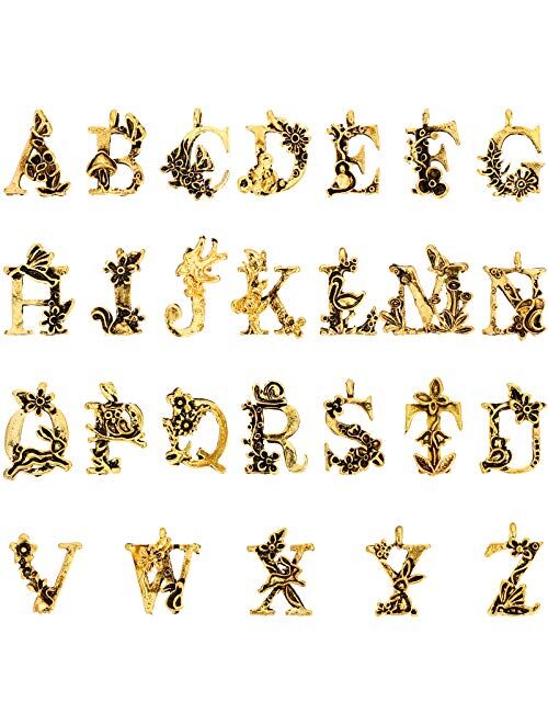 Junkin 52 Pieces Initial Alphabet Letter Charms Pendant Loose Beads Enamel Flower Style Pendants Garden Fairy Tale Princess Style for Jewelry Craft DIY (Bright Colors)