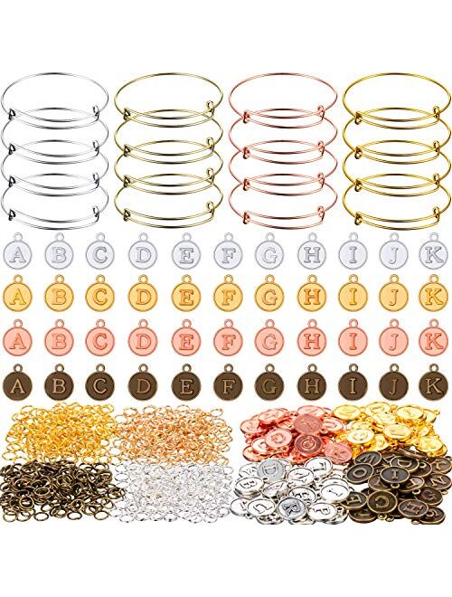 104 Pieces Letter Charms Pendants Alloy A-Z Alphabet Charms with 16 Pieces Expandable Bangle Bracelets Adjustable Wire Bracelets and 400 Pieces Open Jump Rings for Jewelr