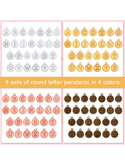 104 Pieces Letter Charms Pendants Alloy A-Z Alphabet Charms with 16 Pieces Expandable Bangle Bracelets Adjustable Wire Bracelets and 400 Pieces Open Jump Rings for Jewelr