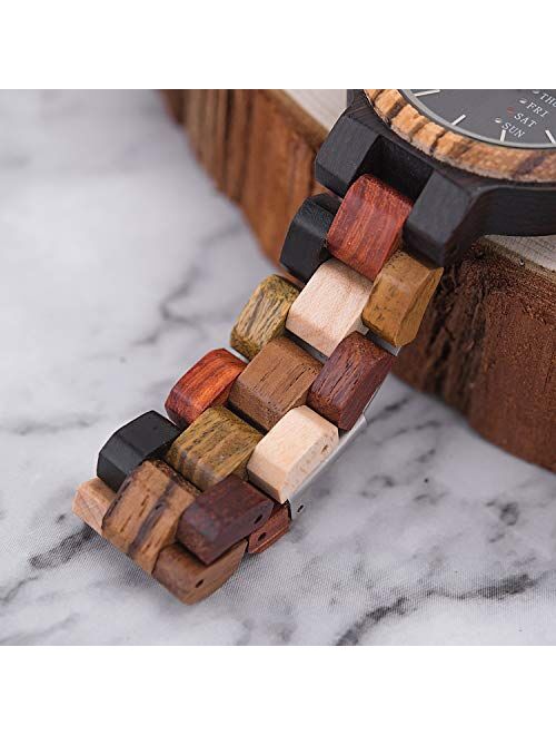 Womens Watches Wooden Colorful Bamboo Watches with Week Date Display Handmade Natural Wood Casual Wirst Watches for Ladies, Female Perfect