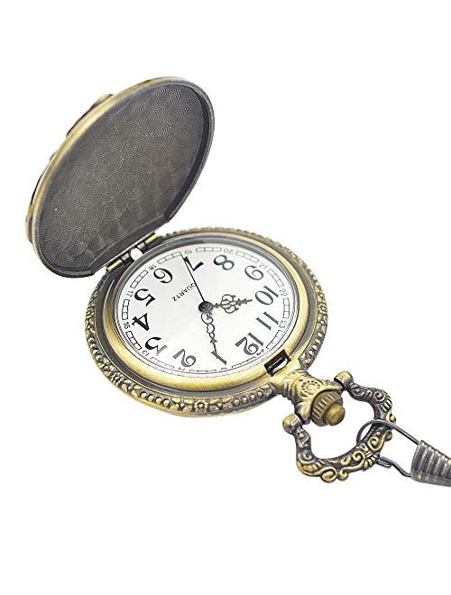 ShoppeWatch Pocket Watch with Chain Goldtone Railroad Train Full Hunter Locomotive Steampunk Design PW-34