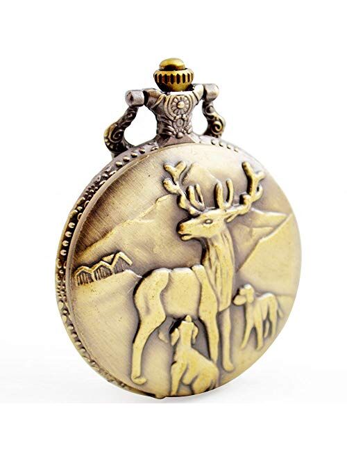 BOSHIYA Men's Pocket Watch Classic Vintage Quartz Watch Animal Deer Pocket Watch