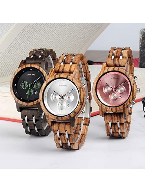 BOBO BIRD Women Wooden Watches Luxury Wood Metal Strap Chronograph & Date Display Quartz Watch Fashion Zebra Wood Casual Business Ebony Wristwatches