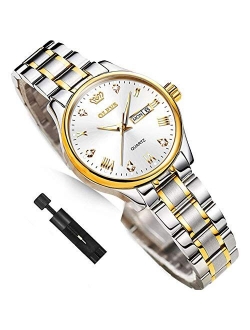 Business Women Watches Day Date,Woman Watches with Silver Gold Stainless Steel,Fashion Luminous Ladies Watches with Black/White Dial,Roman Numeral Womens Watches,Small Fa