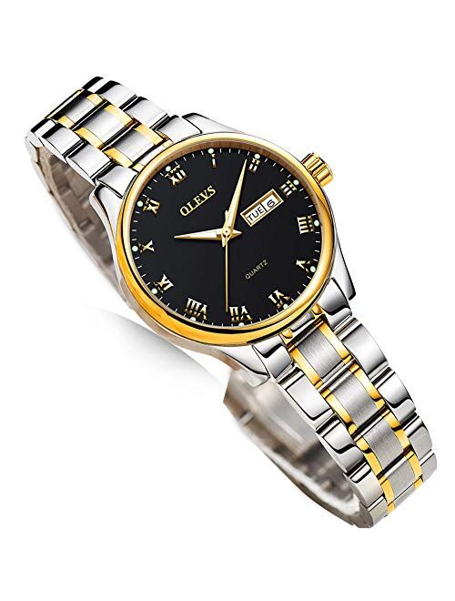 Business Women Watches Day Date,Woman Watches with Silver Gold Stainless Steel,Fashion Luminous Ladies Watches with Black/White Dial,Roman Numeral Womens Watches,Small Fa