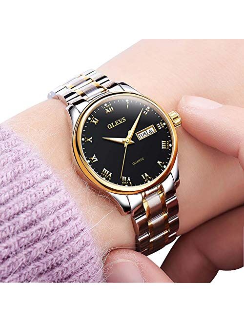 Business Women Watches Day Date,Woman Watches with Silver Gold Stainless Steel,Fashion Luminous Ladies Watches with Black/White Dial,Roman Numeral Womens Watches,Small Fa