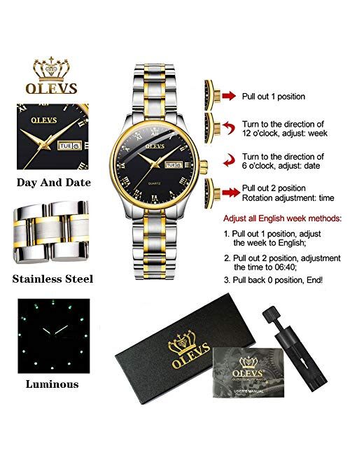 Business Women Watches Day Date,Woman Watches with Silver Gold Stainless Steel,Fashion Luminous Ladies Watches with Black/White Dial,Roman Numeral Womens Watches,Small Fa