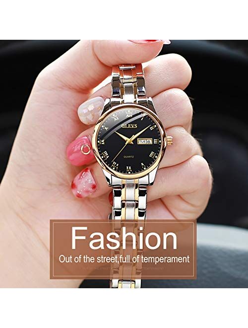 Business Women Watches Day Date,Woman Watches with Silver Gold Stainless Steel,Fashion Luminous Ladies Watches with Black/White Dial,Roman Numeral Womens Watches,Small Fa