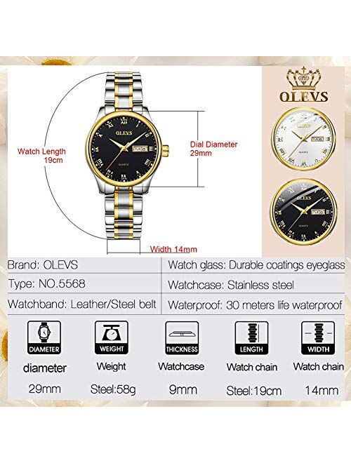 Business Women Watches Day Date,Woman Watches with Silver Gold Stainless Steel,Fashion Luminous Ladies Watches with Black/White Dial,Roman Numeral Womens Watches,Small Fa