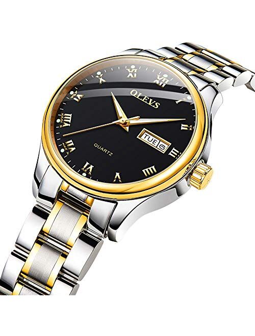 Business Women Watches Day Date,Woman Watches with Silver Gold Stainless Steel,Fashion Luminous Ladies Watches with Black/White Dial,Roman Numeral Womens Watches,Small Fa