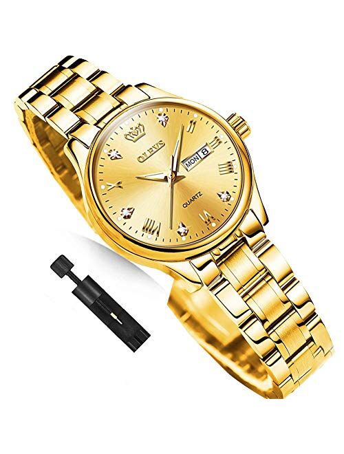 Business Women Watches Day Date,Woman Watches with Silver Gold Stainless Steel,Fashion Luminous Ladies Watches with Black/White Dial,Roman Numeral Womens Watches,Small Fa