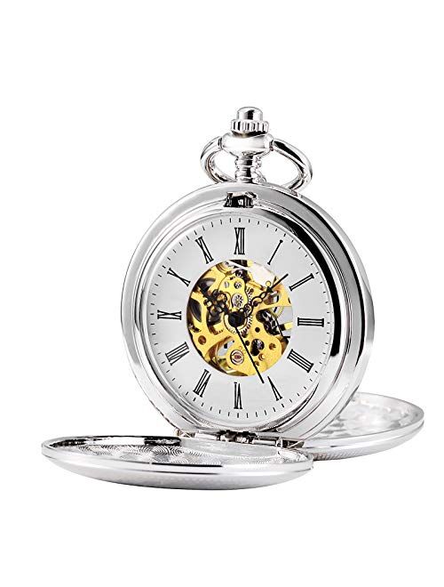 TREEWETO Double Open Skeleton Pocket Watch Mechanical Hand Wind Full Hunter Watch for Men Women