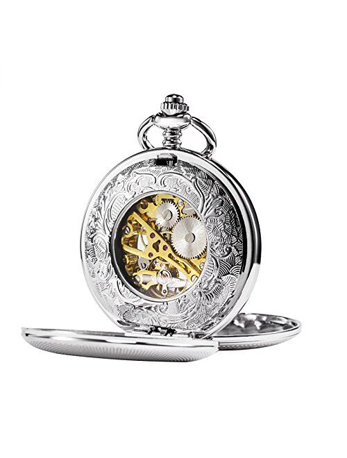 TREEWETO Double Open Skeleton Pocket Watch Mechanical Hand Wind Full Hunter Watch for Men Women