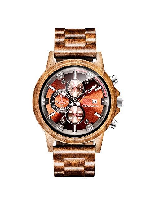 Wooden Watch for Men Women, Stylish Chronograph Military Casual Calendar Wood Watches