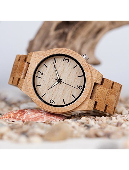 BOBO BIRD D27 Men's Bamboo Wooden Watch Numeral Scale Large Face Quartz Watch Lightweight Casual Sports Watches with Luminous Night Silver Pointer Gift Box