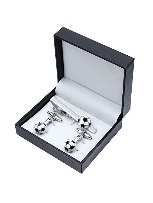 HAWSON Metal Cufflinks and Tie Clip Set for Men Novelty Cuff Links and Tie Bar Gifts for Wedding Level,Football, Musical Symbols Designs