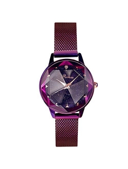 Simple Women Wristwatch Shining Starry Sky Dial Mesh Band Buckle Easily Use Simulated Diamond Ladies Watch