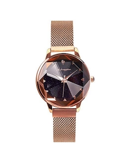 Simple Women Wristwatch Shining Starry Sky Dial Mesh Band Buckle Easily Use Simulated Diamond Ladies Watch