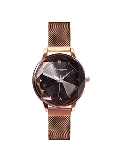 Simple Women Wristwatch Shining Starry Sky Dial Mesh Band Buckle Easily Use Simulated Diamond Ladies Watch