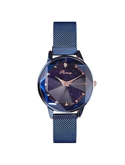 Simple Women Wristwatch Shining Starry Sky Dial Mesh Band Buckle Easily Use Simulated Diamond Ladies Watch